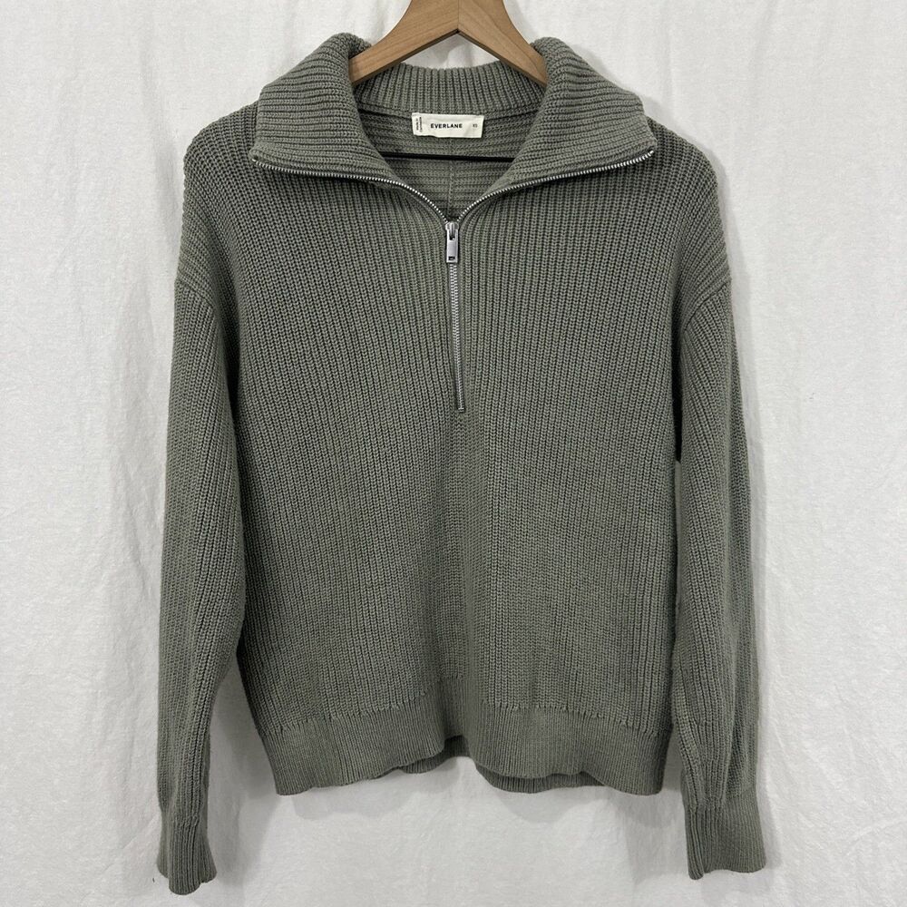 Everlane Womens XS Green Everyday Organic Cotton 1/2 Zip Sweater Ribbed Knit